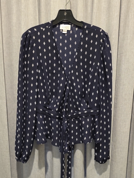 Vixbe Tops - Vixbe Jilee Navy Diamond Printed V-Neck Tie-Waist Wrap Blouse